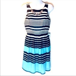 NEW As U Wish black turquoise white horizontal striped sleeveles dress size 7
